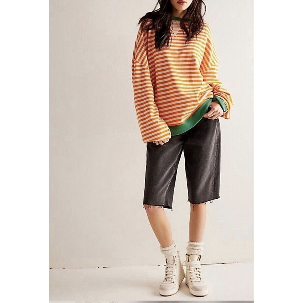 WE‎ THE FREE PEOPLE CLASSIC STRIPE OVERSIZED CREWNECK/SWEATER ORANGE SIZE MEDIUM